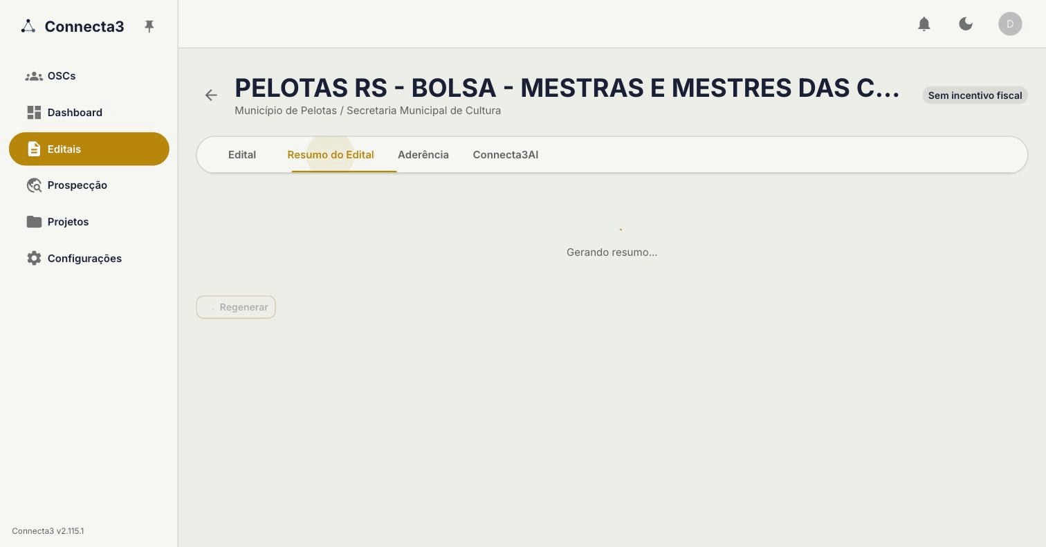 Chat de IA respondendo perguntas sobre um edital, com resumo automático e fonte citada