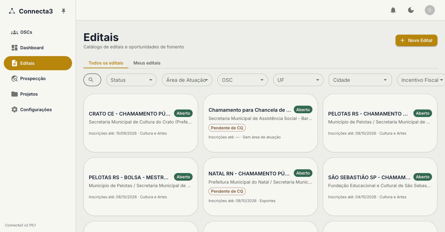 Busca de editais no catálogo do connecta3, filtrando por palavra-chave